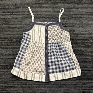 Anthropologie Size S Blue/White Patchwork Gingham Button Front Apron Tank Top